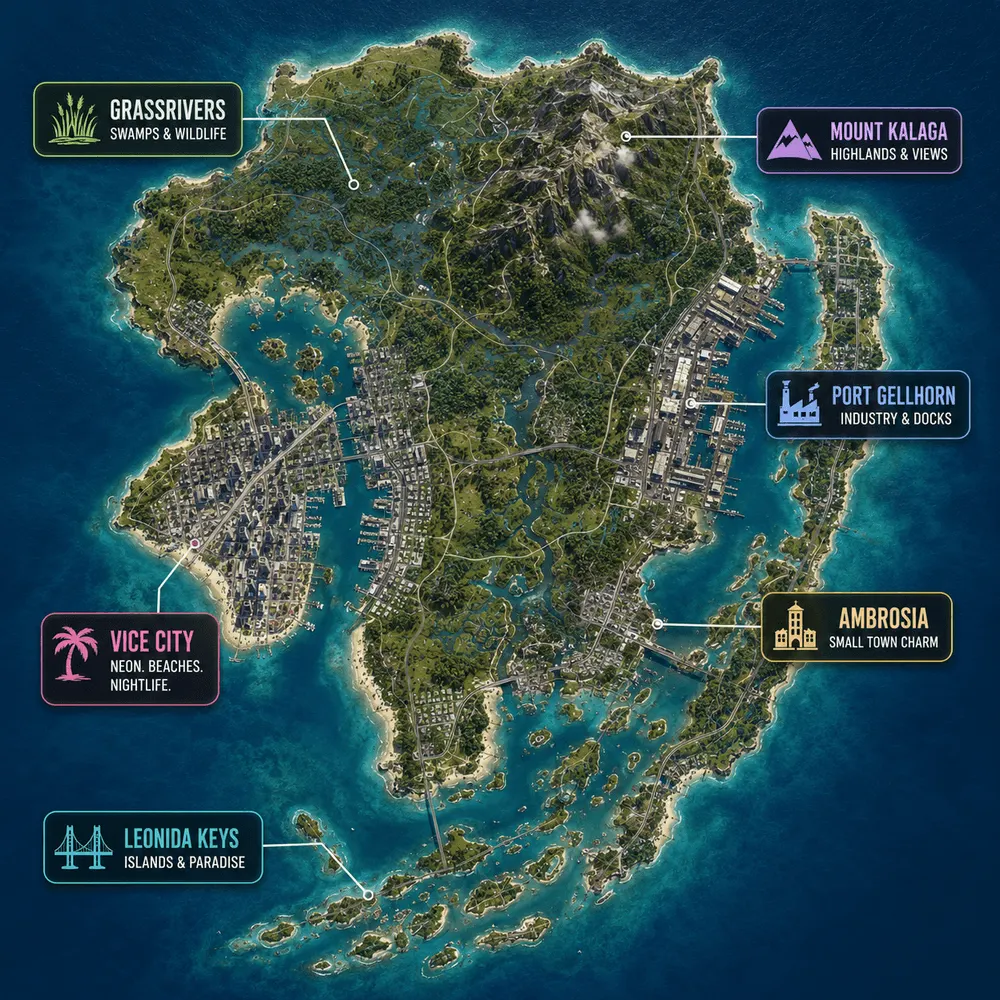 GTA 6 Karte von Leonida: Vice City, Port Gellhorn, Mount Kalaga, Grassrivers, Ambrosia und Leonida Keys